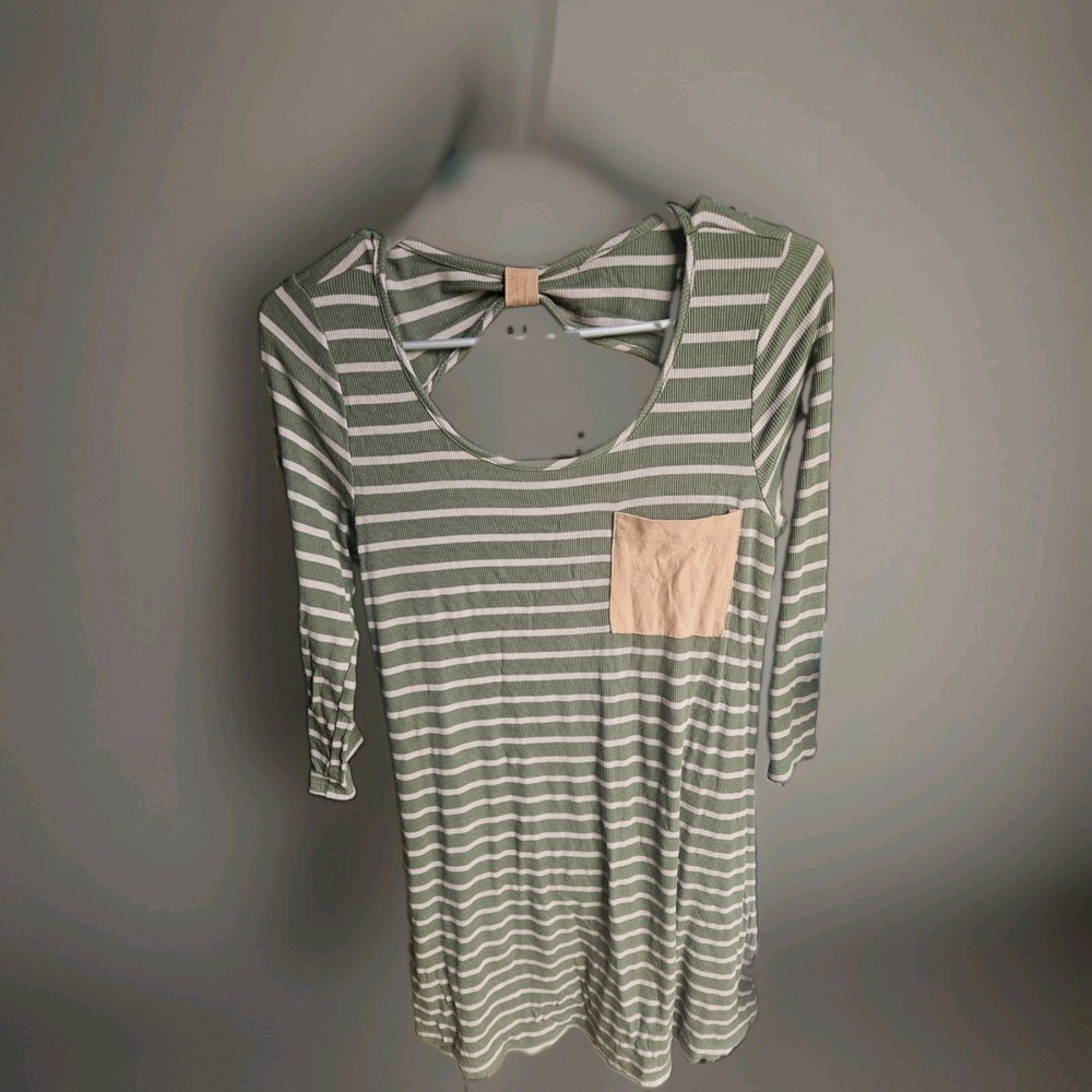 Bo Bel Dress Size M Medium Boutique Green beige Striped Open Back